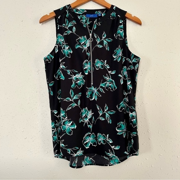 🦋 Apt. 9 Black Green Floral Quarter Zip Sleeveless Blouse Medium - Picture 2 of 7